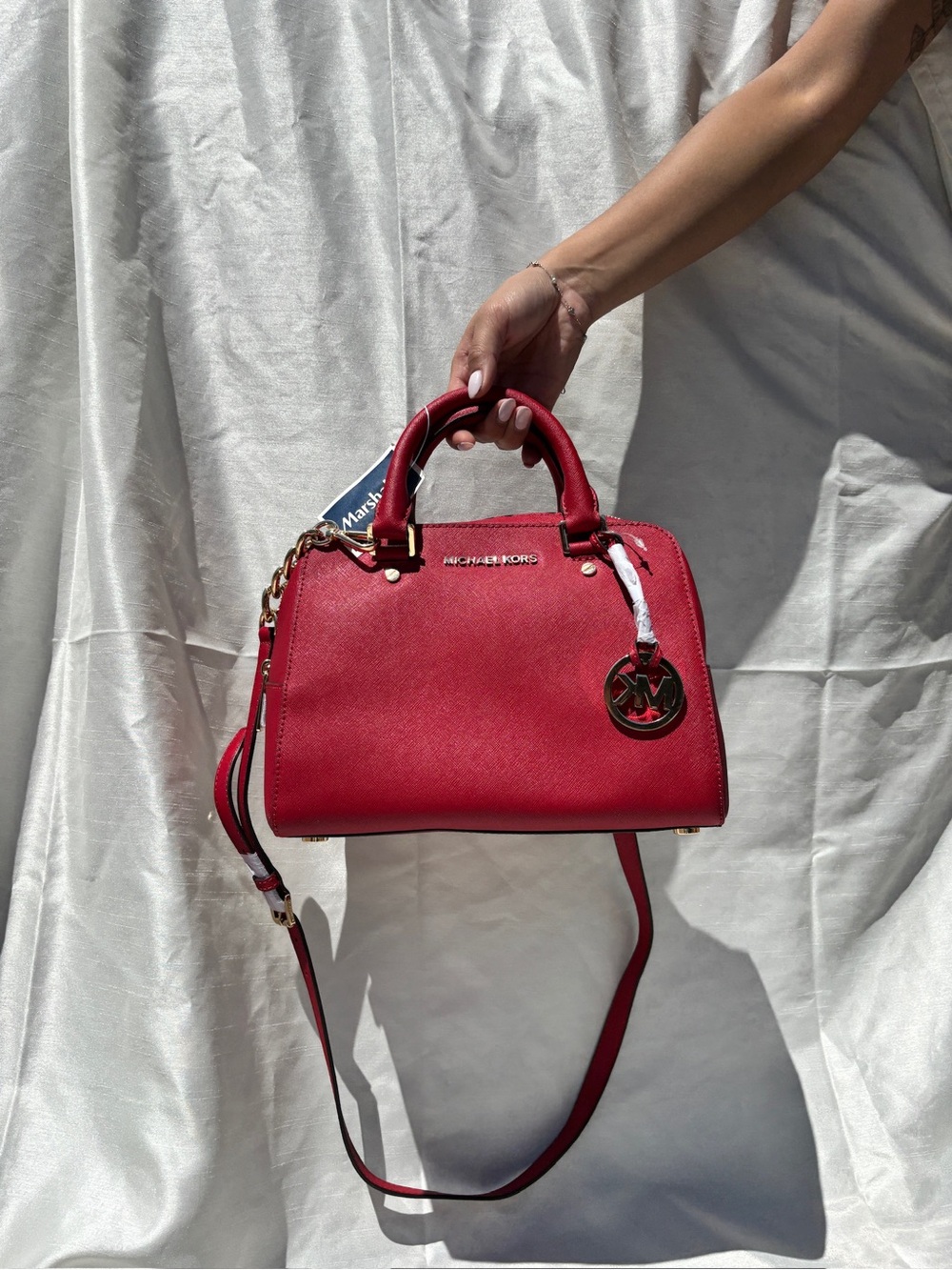 Michael Kors Red JET SET TRAVEL MD Satchel with Gold-Tone Logo Charm